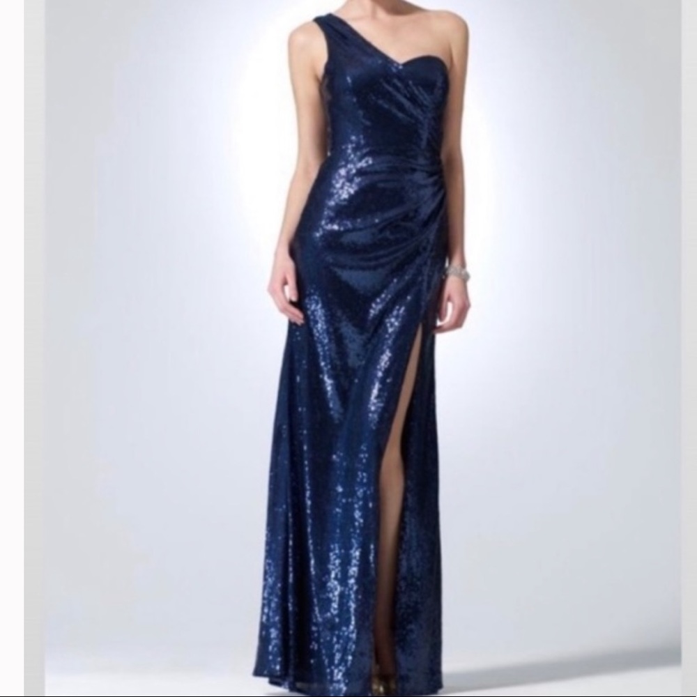 Cache Navy One-Shoulder Sequin Prom Gown - Picture 2 of 16